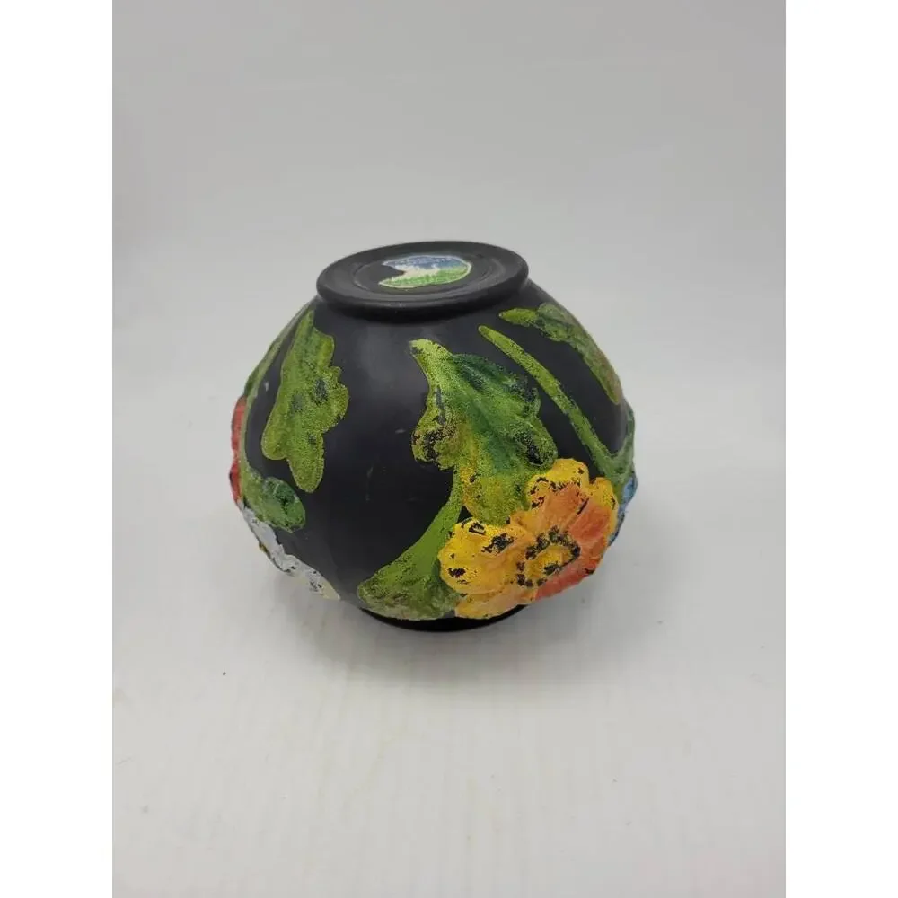 Vintage Tiffin Glass Black Satin Poppy Vase Art Deco Painted Coralene 5.5
